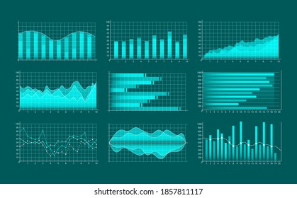 Set of business graphs. Infographics and diagnostics, charts and schemes. Trend lines, columns, market economy information background. Analysis and management of financial assets. Vector illustration.