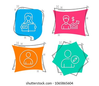 Set of Business growth, Avatar and Woman read icons. Edit user sign. Earnings results, User profile, Girl studying. Profile data.  Flat geometric colored tags. Vivid banners. Trendy graphic design