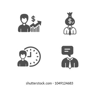 Set of Business growth, Manager and Working hours icons. Support service sign. Earnings results, Work profit, Project deadline. Human talking.  Quality design elements. Classic style. Vector