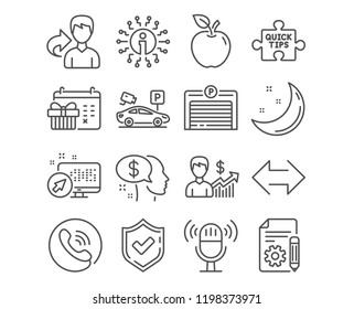 Set of Business growth, Quick tips and Pay icons. Parking garage, Microphone and Sync signs. Documentation, Parking security and Christmas calendar. Earnings results, Tutorials, business. Vector