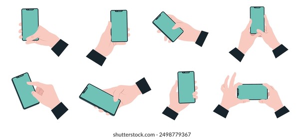 The set of Business Hands Holding and Using Phone. Collection icons in a Flat design