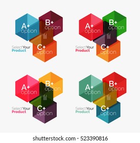 Set of business hexagon layouts with text and options. Design elements of web design navigation layout, infographics or corporate presentation