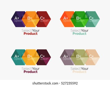 Set of business hexagon layouts with text and options. Design elements of web design navigation layout, infographics or corporate presentation