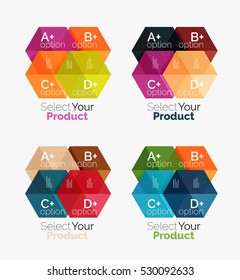 Set of business hexagon layouts with text and options. Design elements of web design navigation layout, infographics or corporate presentation
