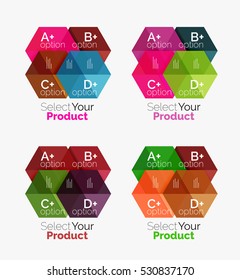 Set of business hexagon layouts with text and options. Design elements of web design navigation layout, infographics or corporate presentation