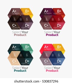 Set of business hexagon layouts with text and options. Design elements of web design navigation layout, infographics or corporate presentation