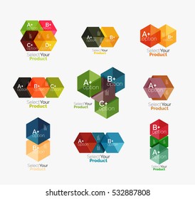 Set of business hexagon layouts with text and options. Design elements of web design navigation layout, infographics or corporate presentation