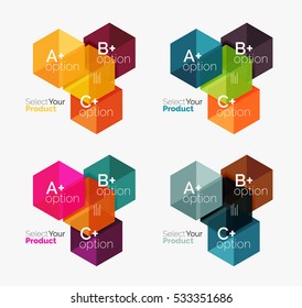 Conjunto de layouts de hexágono comercial com texto e opções. Elementos de design de layout de navegação de design web, infográficos ou apresentação corporativa