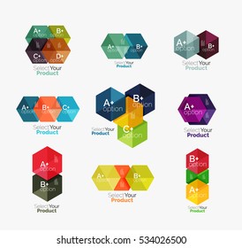 Set of business hexagon layouts with text and options. Design elements of web design navigation layout, infographics or corporate presentation