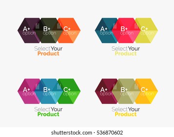 Set of business hexagon layouts with text and options. Design elements of web design navigation layout, infographics or corporate presentation