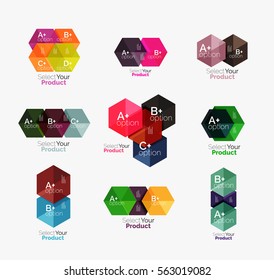 Set of business hexagon layouts with text and options. Design elements of web design navigation layout, infographics or corporate presentation