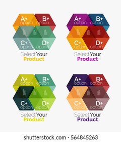 Conjunto de layouts de hexágono comercial com texto e opções. Elementos de design de layout de navegação de design web, infográficos ou apresentação corporativa