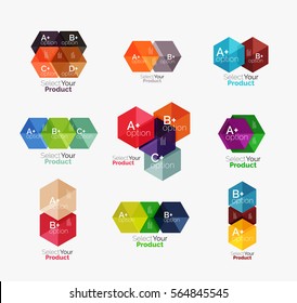 Set von Business-Hexagon-Layouts mit Text und Optionen. Gestaltungselemente von Webdesign-Navigationslayout, Infografiken oder Firmenpräsentation