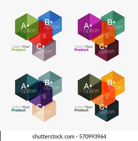 Set of business hexagon layouts with text and options. Design elements of web design navigation layout, infographics or corporate presentation