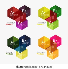 Set of business hexagon layouts with text and options. Design elements of web design navigation layout, infographics or corporate presentation