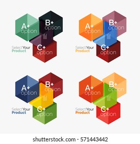Set of business hexagon layouts with text and options. Design elements of web design navigation layout, infographics or corporate presentation