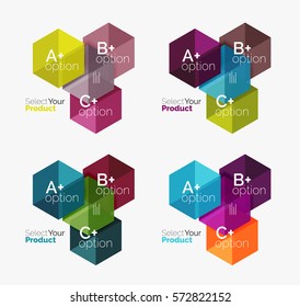 Set of business hexagon layouts with text and options. Design elements of web design navigation layout, infographics or corporate presentation