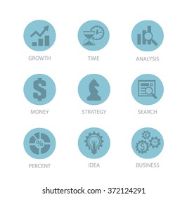 Set of business icon design flat round. Growth and time, analysis and money, strategy and search, percent and idea, business illustration