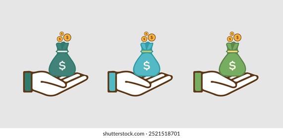 Conjunto de ícone de negócios com mão e saco de dinheiro com sinal de dólar. Conceito de moeda, lucro financeiro, dinheiro, pagamento ou riqueza com mão de homem segurando saco