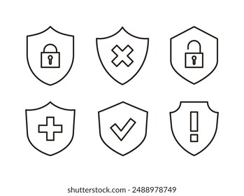 A set of business icon illustrations with the concept of security, defense, antivirus and protection for web, apps, mobile phones, and computers. Icons in the shape of a shield, key and lock.