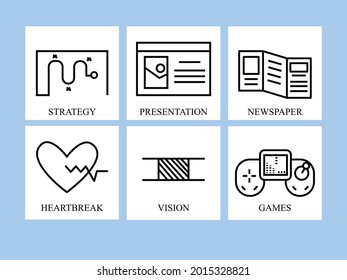 Set of business icon isolated on white background. sign, pictogram, strategy, presentation, newspaper, breakheart, vision, game