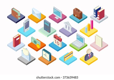 Set of business icon isometry 3d design. Business icons, chart and money, document finance icon, time and calendar icon, calculator and organizer icon, business organization work icon illustration