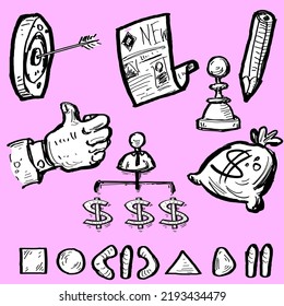 Set of business icon objects. Money bag, arrow, target, pencil, chess pawn, hand, newspaper, player control panes signs. . Sketch or doodle style drawing 