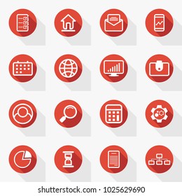 Set business icon red circle flat design. Vector illustration.