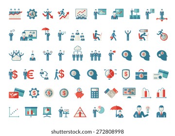 A set of business icon-people, money card, graph, calculator, bulb idea, human head icons. Vector flat design illustration. 