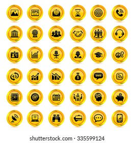 Set of business icons 36 vector buttons. Bright yellow.