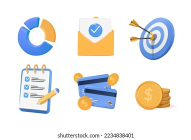 Set of Business Icons 3D Vector render illustration. Icon money, graph, infographic, Bundle of coin, checklist, target. Profit and finance analytics icon set, Return money, Cash back rebate. Financial