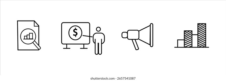 Conjunto de ícones comerciais com documento analítico, apresentação financeira, megafone de marketing e gráfico de barras. Símbolos lineares pretos sobre fundo branco. Conceito para promoção, emissão de relatórios e crescimento.