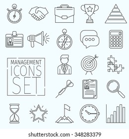 Set Of Business Icons Arranged In A Line Art Style. Suitable For Illustrating The Following Topics Office, Business, Marketing, Management, And Others. Icons Have The Same Thickness Contour.   