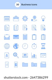 Set of business icons in blue.