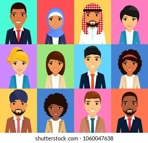 Set Of Business Icons. Businessmen Of Different Nationalities. Asian, Latin American, African, European, Indian, Arab. Young Businessman. In Flat Style. Cartoon.