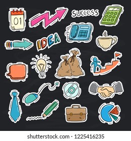 set of business icons with colored doodle style on chalkboard background