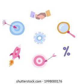Set of business icons in cute cartoon style. About business processes, goals, analyzing, searching information, launching projects. Vector hand drawn illustrations isolated on background.