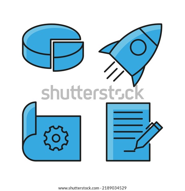 A set of business icons. Diagram, startup,\
project, contract. Color image. Simple flat vector illustration on\
a white background.