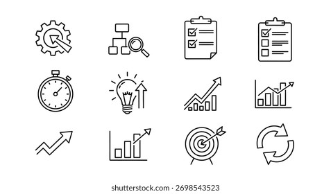 Conjunto de ícones de negócios apresentando estratégia de análise de fluxo de trabalho produtividade e metas conceito arte vetor