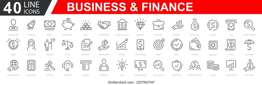 Juego de iconos de Business. Iconos web de negocios y finanzas. El negocio de los vectores y las finanzas editable línea de línea de ataque conjunto con dinero, banco, cheque, ley, subasta, oportunidad, pago. Ilustración vectorial.