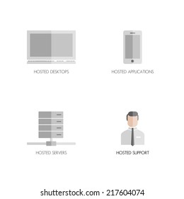 Set of business icons. Flat design. Start up internet technology. Touchscreen phone. ISP server. Hosting. Consultant and technical support. Success. Personal computer. 