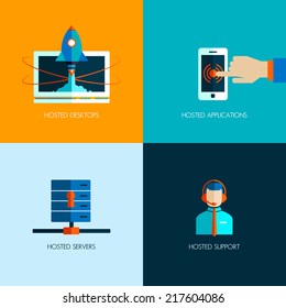 Set of business icons. Flat design. Start up internet and technology. Touchscreen phone. ISP server. Hosting. Consultant and technical support. Success. Personal computer. 