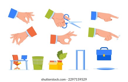 Set of Business Icons with Gesturing Hand, Holding Scissors, Pointing. Office Desk with Chair and Computer, Belongings