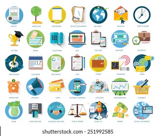 Set Of Business Icons For Investing, Office, Support In Flat Design Isolated On White Background