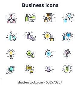 Set Of Business Icons In Line Flat Vector Design. Corporate Symbols For Training, Coaching, HR, Time Management, Etc. Minimalistic Financial And Entrepreneur Signs.