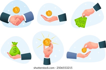 set of business icons with money, hands holding coins and bills