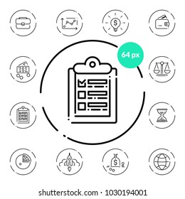 Set of business icons on transparent background. Thin line scalable vector. Wallet, idea, case, graph, money, scales, clock, tablet, chart, world, rocket, startup, report