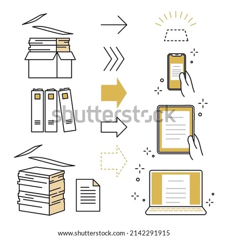 set of business icons for paperless and document digitization Piles of documents, arrows, and digital devices of smartphones, tablets, and PCs