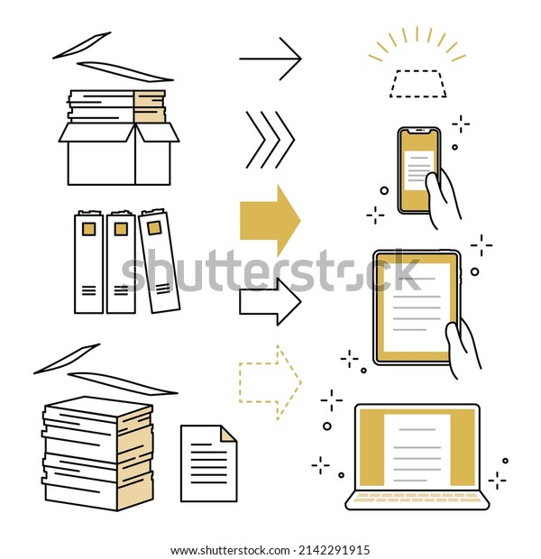 set of business icons for paperless and document\
digitization Piles of documents, arrows, and digital devices of\
smartphones, tablets, and\
PCs