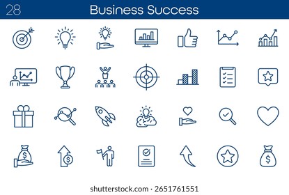Set of business icons representing success and goal achievement. Includes symbols like trophy, target, arrow, flag, and steps. Simple line style perfect for presentations, apps, and infographics.
